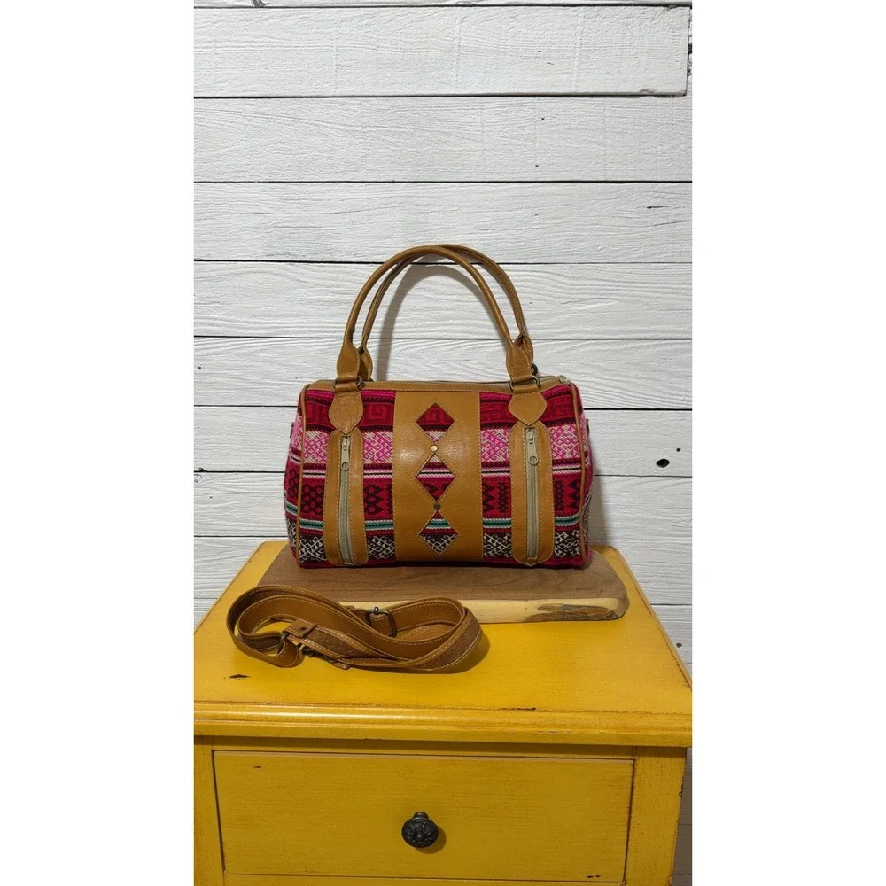 NWOT Boho Woven Textile Leather Satchel Crossbody Bag Red Pink Geometric Artisan